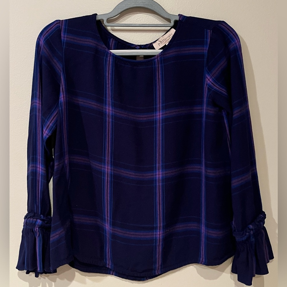 Philosophy plaid blouse with ruffle sleeves purple, violet, blue